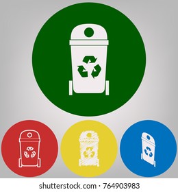 Trashcan sign illustration. Vector. 4 white styles of icon at 4 colored circles on light gray background.