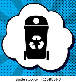 Trashcan sign illustration. Vector. Black icon in bubble on blue pop-art background with rays.