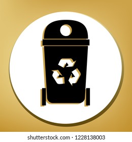 Trashcan sign illustration. Vector. Black icon with light brown shadow in white circle with shaped ring at golden background.