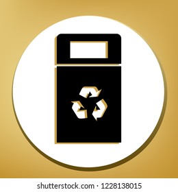 Trashcan sign illustration. Vector. Black icon with light brown shadow in white circle with shaped ring at golden background.