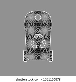 Trashcan sign illustration. Vector. Black maze filled icon with white border at gray background.
