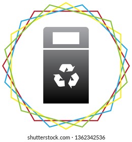 Trashcan sign illustration. Vector. Black icon with patch of light inside colorful hexagonal frames at white background.