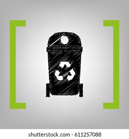 Trashcan sign illustration. Vector. Black scribble icon in citron brackets on grayish background.