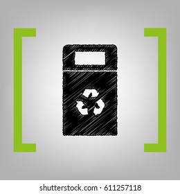 Trashcan sign illustration. Vector. Black scribble icon in citron brackets on grayish background.
