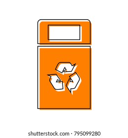 Trashcan sign illustration. Vector. Black line icon with shifted flat orange filled icon on white background. Isolated.