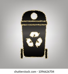 Trashcan sign illustration. Vector. Blackish icon with golden stars at grayish background.