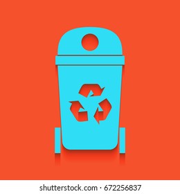 Trashcan sign illustration. Vector. Blue icon with soft shadow putted down on flamingo background.