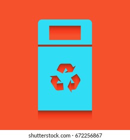 Trashcan sign illustration. Vector. Blue icon with soft shadow putted down on flamingo background.