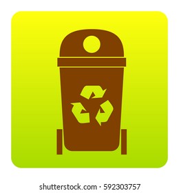 Trashcan sign illustration. Vector. Brown icon at green-yellow gradient square with rounded corners on white background. Isolated.