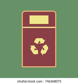Trashcan sign illustration. Vector. Cordovan icon and mellow apricot halo with light khaki filled space at russian green background.