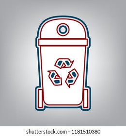 Trashcan sign illustration. Vector. Dark red, transparent and midnight green stroke of white icon at grayish background.
