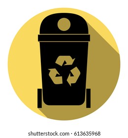 Trashcan sign illustration. Vector. Flat black icon with flat shadow on royal yellow circle with white background. Isolated.