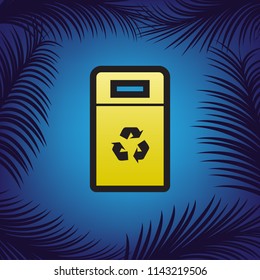 Trashcan sign illustration. Vector. Golden icon with black contour at blue background with branches of palm trees.