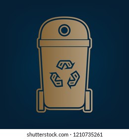 Trashcan sign illustration. Vector. Golden icon and border at dark cyan background.