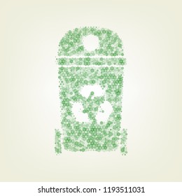 Trashcan sign illustration. Vector. Green hexagon rastered icon and noised opacity and size at light green background with central light.