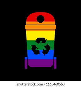 Trashcan sign illustration. Vector. Icon with colors of LGBT flag at black background.