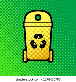 Trashcan sign illustration. Vector. Pop art orange to yellow dots-gradient icon with black contour at greenish background.