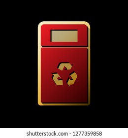 Trashcan sign illustration. Vector. Red icon with small black and limitless shadows at golden sticker on black background.