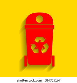 Trashcan sign illustration. Vector. Red icon with soft shadow on golden background.