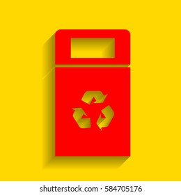 Trashcan sign illustration. Vector. Red icon with soft shadow on golden background.
