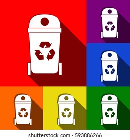 Trashcan sign illustration. Vector. Set of icons with flat shadows at red, orange, yellow, green, blue and violet background.