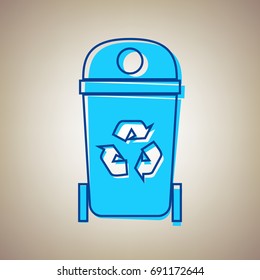 Trashcan sign illustration. Vector. Sky blue icon with blue contour on beige background.