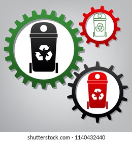 Trashcan sign illustration. Vector. Three connected gears with icons at grayish background.