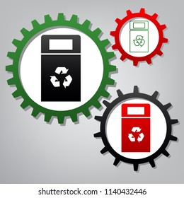 Trashcan sign illustration. Vector. Three connected gears with icons at grayish background.