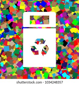 Trashcan sign illustration. Vector. White icon on colorful background with seamless pattern from squares.