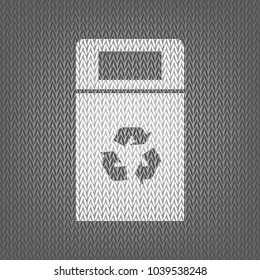 Trashcan sign illustration. Vector. White knitted icon on gray knitted background. Isolated.