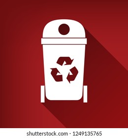 Trashcan sign illustration. Vector. White icon with limitless shadow at ruby red background.