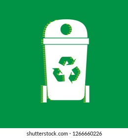 Trashcan sign illustration. Vector. White flat icon with yellow striped shadow at green background.