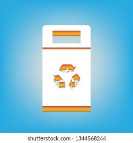 Trashcan sign illustration. Vector. White icon with 3d warm-colored gradient body at sky blue background.