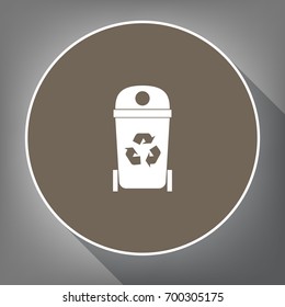 Trashcan sign illustration. Vector. White icon on brown circle with white contour and long shadow at gray background. Like top view on postament.