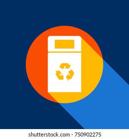 Trashcan sign illustration. Vector. White icon on tangelo circle with infinite shadow of light at cool black background. Selective yellow and bright navy blue are produced.