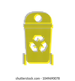 Trashcan sign illustration. Vector. Yellow icon with square pattern duplicate at white background. Isolated.