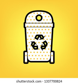 Trashcan sign illustration. Vector. Yellow polka dot white icon with black contour at warm yellow background.