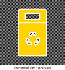 Trashcan sign illustration. Vector. Yellow icon with white contour on dark transparent background.