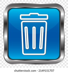 Trashcan simple icon vector. Flat design. Metal, blue square button. Transparent grid.ai