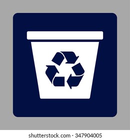 Trashcan vector icon. Style is flat rounded square button, white and dark blue colors, silver background.