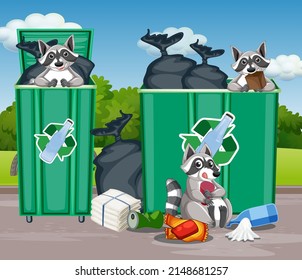 Trashcans with many trash and raccoons illustration
