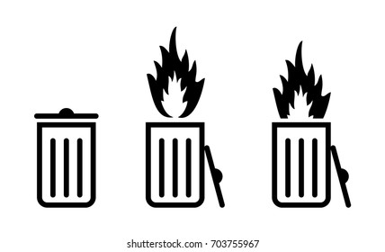 Trash/rubbish can/bin icons with fire. Dumpster fire concept. 