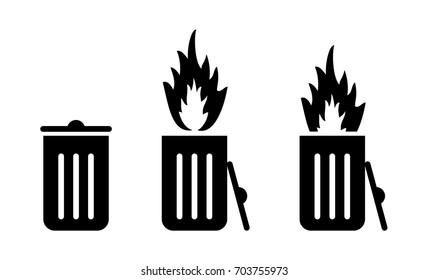 Trash/rubbish Can/bin Icons With Fire. Dumpster Fire Concept. 