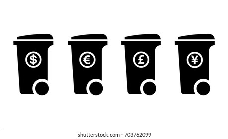Trash/rubbish wheelie bin icons with currency labels: dollar, euro, pound sterling, yen. Disposable income concept.