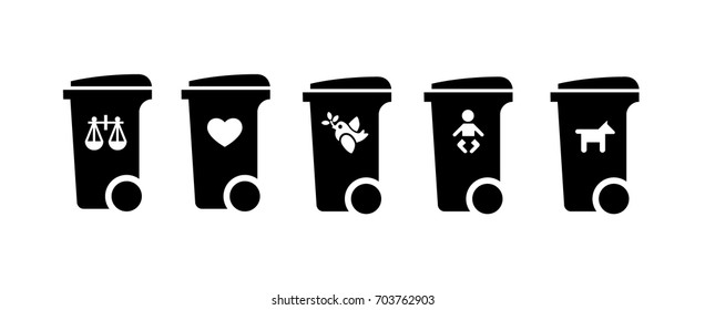 Trash/rubbish wheelie bin icons with social concept labels: disposable justice, love, peace, childhood/baby, dog/pet.