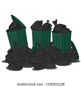 Trashs in the open and closed and spoiled black garbage bags isolated on white background.