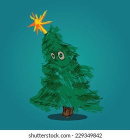 trashy vector illustration of crazy drunk christmas tree character with yellow star on top