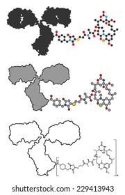 Trastuzumab emtansine antibody-drug conjugate molecule. Used in the treatment of breast cancer. Each antibody is conjugated to 0-8 cytotoxic mertansine molecules through a cleavable linker.