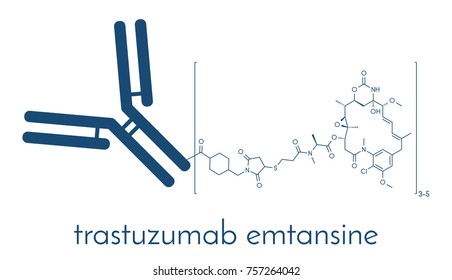 Trastuzumab emtansine antibody-drug conjugate molecule. Each antibody is conjugated to 0-8 cytotoxic mertansine molecules through a cleavable linker. Skeletal formula.