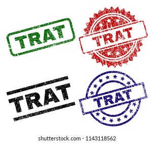 TRAT seal prints with distress texture. Black, green,red,blue vector rubber prints of TRAT tag with grunge texture. Rubber seals with circle, rectangle, medallion shapes.